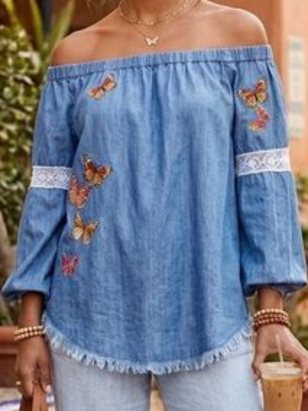 Standard Grace Chambray Butterfly Off Shoulder Top
